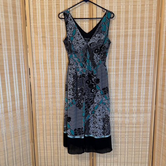 Biyaycda Dresses & Skirts - Biyaycda Teal Black Floral Patchwork Smocked Waist Midi Dress Women's 12 Resort